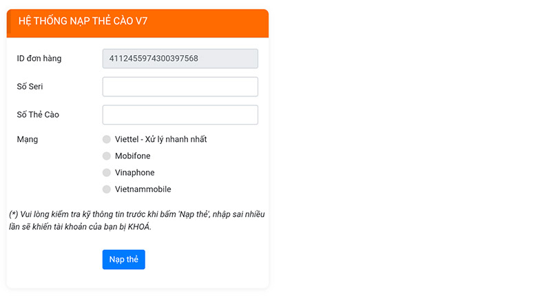 Nhập các thông tin thẻ cào để tiến hành nạp tiền